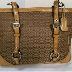 Authentic Coach Khaki Signature C JACQUAD Tan Leather Strap Handbag